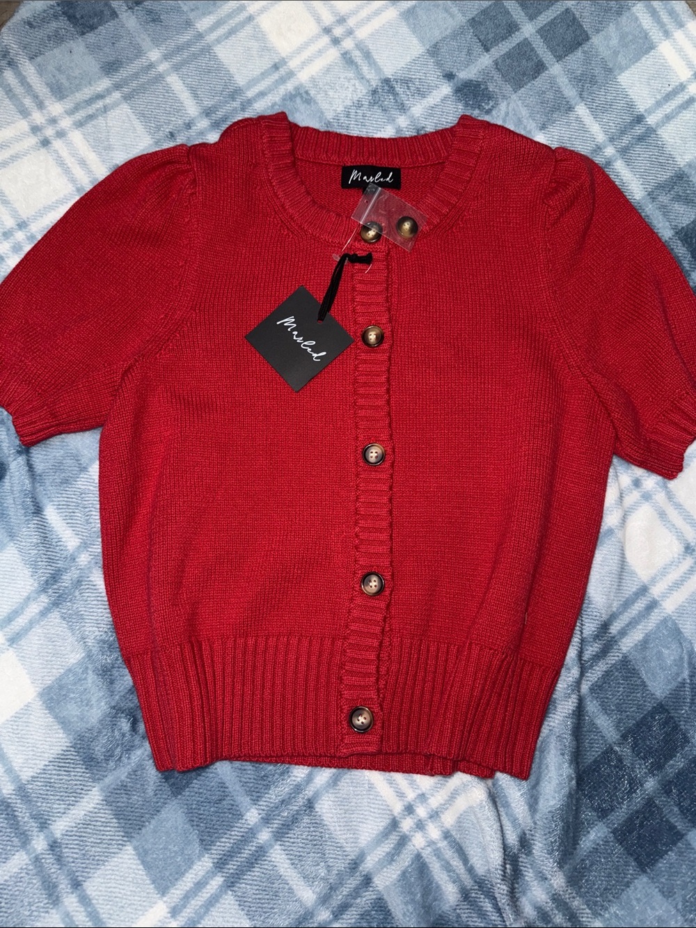 Marled Red Short-Sleeve Button-Up Knit Cardigan